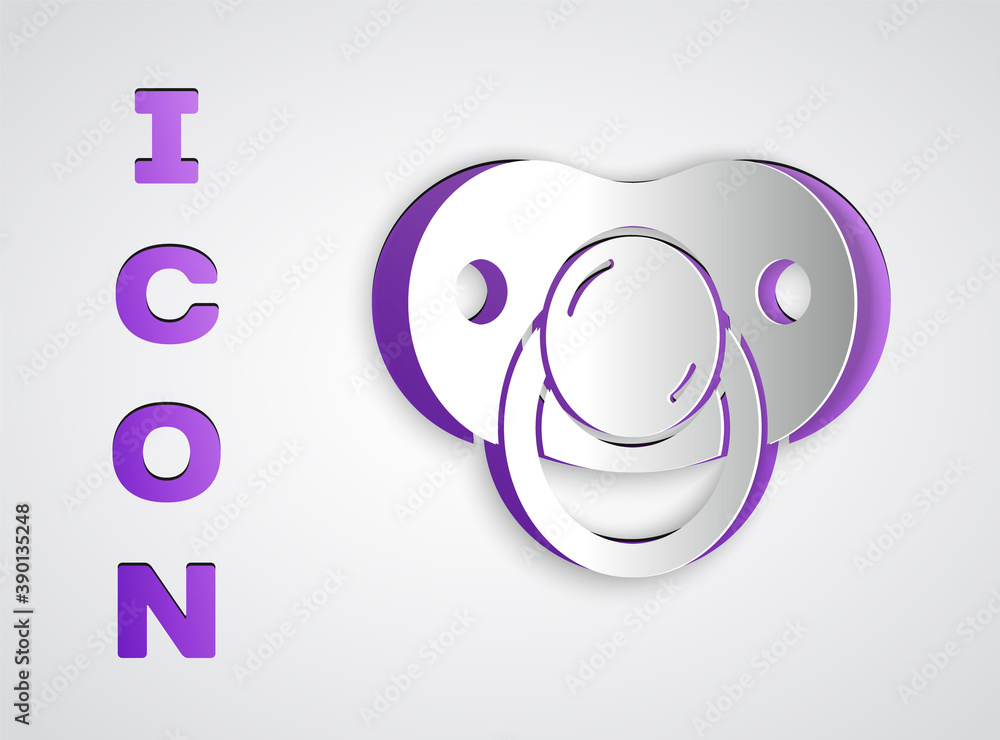 Paper cut Baby dummy pacifier icon isolated on grey background. Toy of a child. Paper art style. Vector. Paper cut Baby dummy pacifier icon isolated on grey background. Toy of a child. Paper art style. Vector.