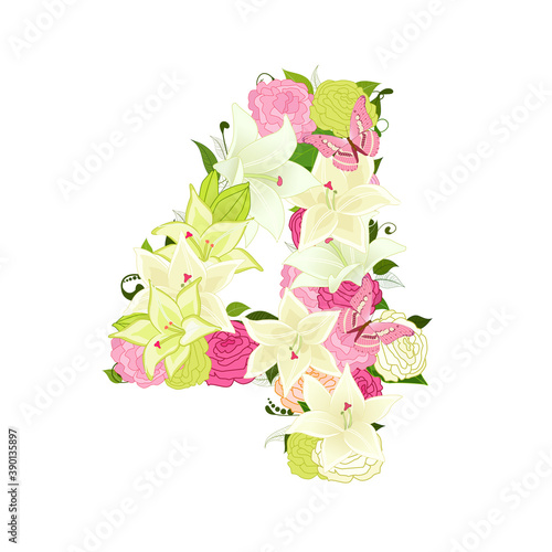 Graceful floral abc with white lilies, pink roses and butterflie