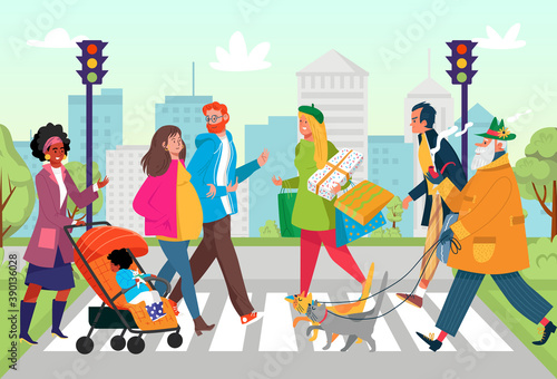 Crosswalk city road at street, vector illustration. Urban people near traffic light, flat pedestrian person character at cartoon town background. Man woman lifestyle at downtown cityscape.