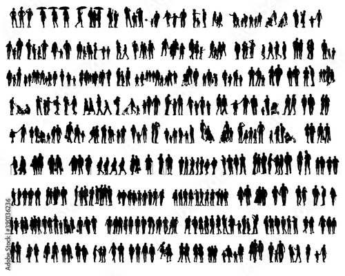 Families with little child walking on street. Isolated silhouettes of people on white background