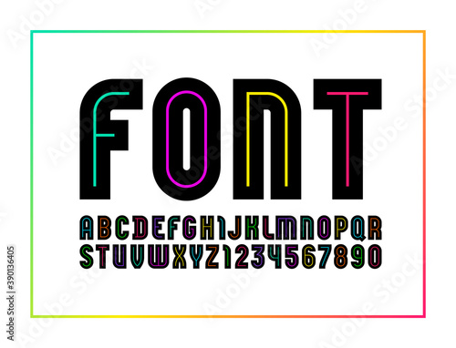 Trendy black font, modern striped alphabet, letters and numbers, vector illustration 10eps