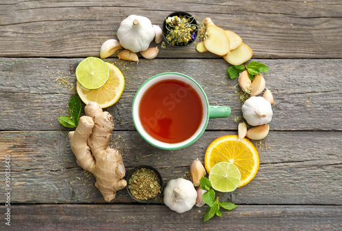 Cup of healthy garlic tea on table