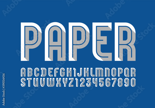 Trendy white font, modern striped alphabet, paper letters and numbers, vector illustration 10eps