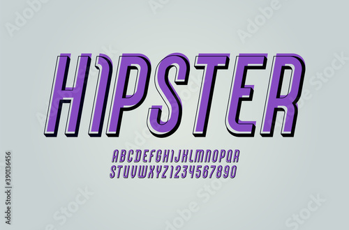Retro font, alphabet sans serif, abstract condensed purple italic letters and numbers with shift, vector illustration 10EPS