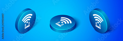 Isometric Router and wi-fi signal icon isolated on blue background. Wireless ethernet modem router. Computer technology internet. Blue circle button. Vector.
