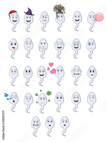 big set with cartoon sperm emoticons. isolated emoji on white background. stock illustration