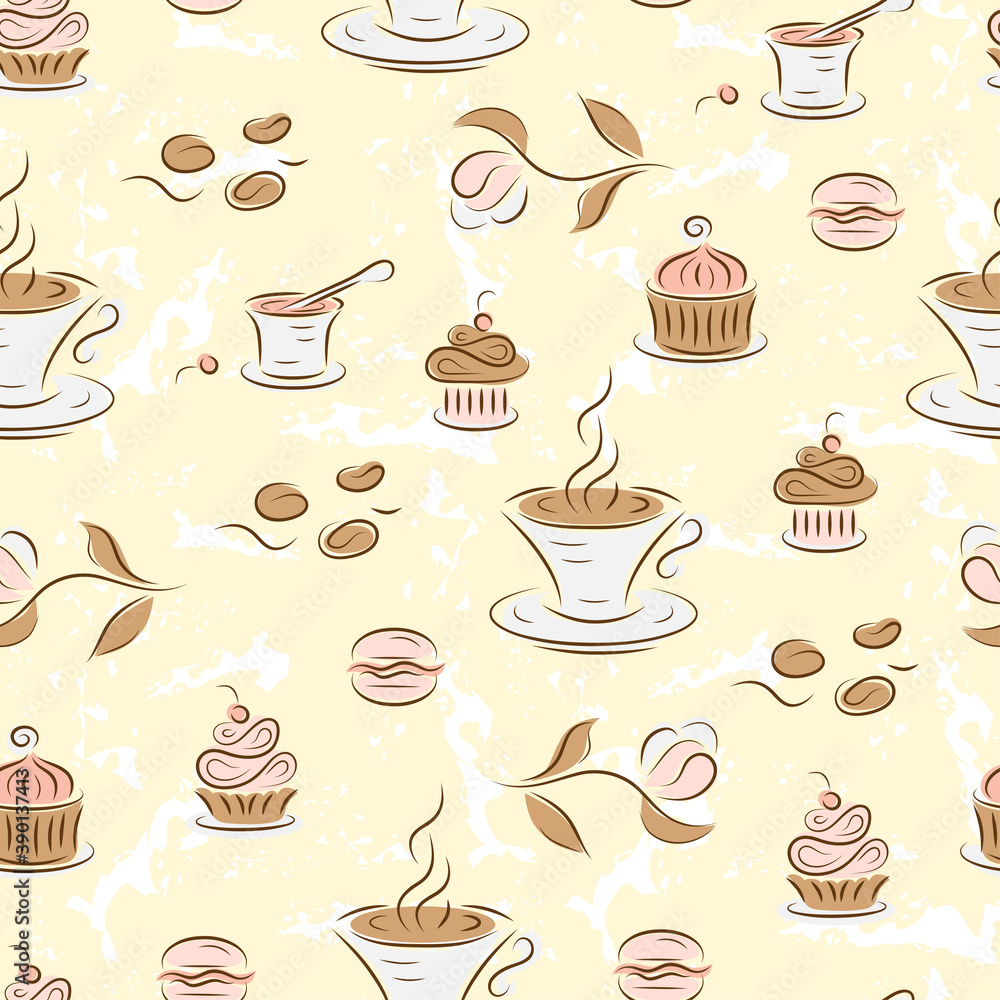 Dessert. Seamless pattern with coffee and sweets.