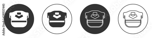 Black Pilot hat icon isolated on white background. Circle button. Vector.