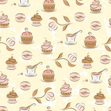 Seamless pattern with desserts (cupcakes, macaroon, yogurt, muffins)