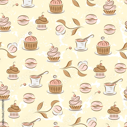 Seamless pattern with desserts (cupcakes, macaroon, yogurt, muffins)