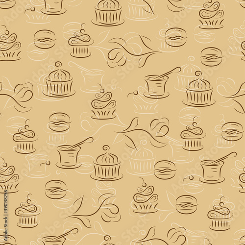 Seamless pattern with desserts (cupcakes, macaroon, yogurt, muffins). Brown vintage background.