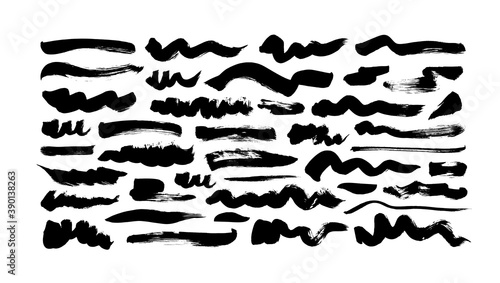 Black paint wavy and straight brush strokes vector collection. Dirty curved lines and wavy brushstrokes. Ink illustration isolated on white background. Modern grunge brush lines. Calligraphy smears.
