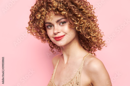 Beautiful woman Beautiful smile gentle face fashion clothes pink background
