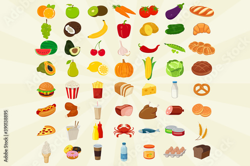 Food icons set. Fruits and Vegetables icons. Fast food icons. Modern flat design. Vector