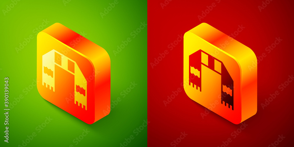 Isometric Winter scarf icon isolated on green and red background. Square button. Vector. Isometric Winter scarf icon isolated on green and red background. Square button. Vector.