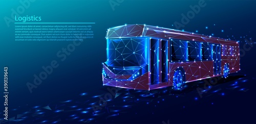 Vector tech polygonal technology background with red bus transport service. 