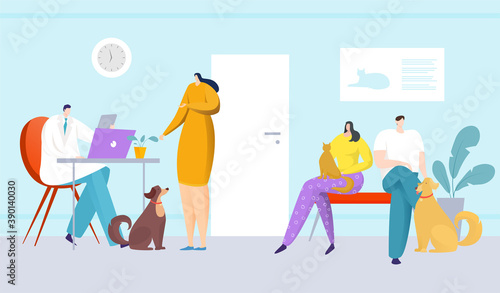 Veterinary clinic doctor care about pet animal, vector illustration. Vet treatment for sick cat, dog in hospital. Flat medicine work, cartoon medical help to domestic animal character.