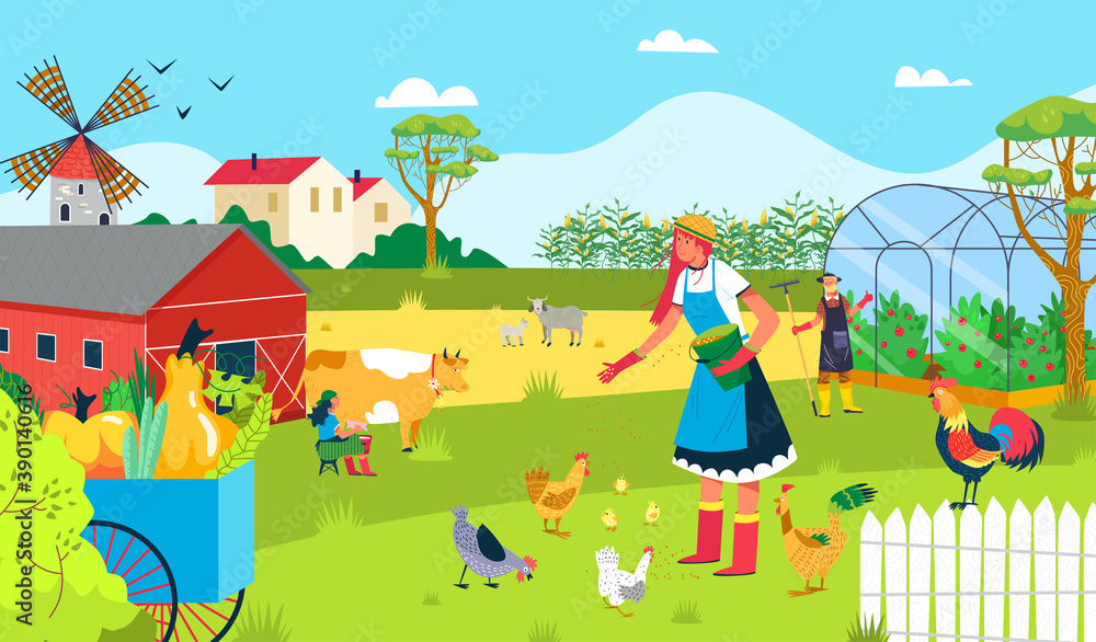 Fototapeta premium Agriculture farm plant, people work in nature garden vector illustration. Cartoon gardener, farmer and rural natural animal. Woman man character farming at field, village worker at farmland.