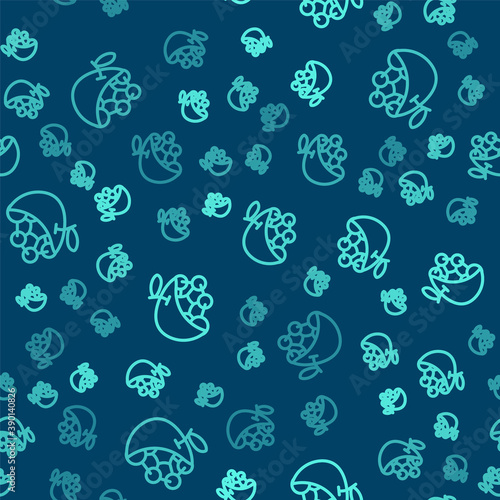 Green line Biological structure icon isolated seamless pattern on blue background. Genetically modified organism and food. Vector.