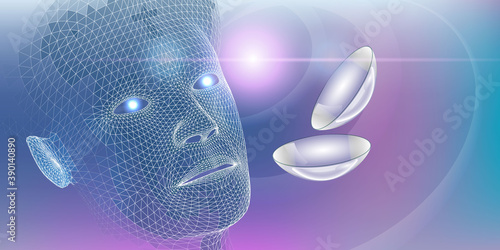 Abstract  background with 3d contact lenses eye health and face grid . Medical science banner. Vector illustration.