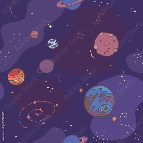 Seamless background on the theme of space. Hand drawing of planets  constellations  nebulae.
