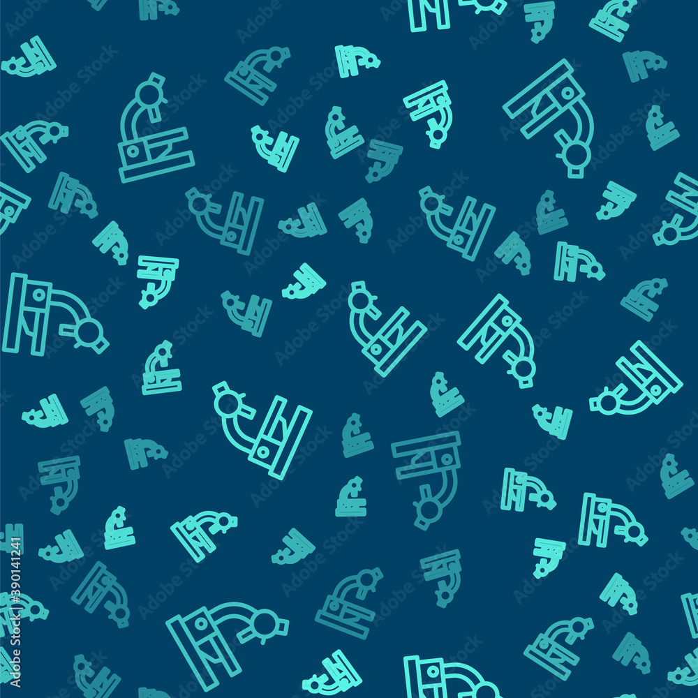 Green line Microscope icon isolated seamless pattern on blue background. Chemistry, pharmaceutical instrument, microbiology magnifying tool. Vector. Green line Microscope icon isolated seamless pattern on blue background. Chemistry, pharmaceutical instrument, microbiology magnifying tool. Vector.