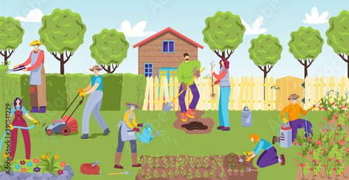 Gardening together in garden, vector illustration. Woman man gardener people character work with plant, organic agriculture nature. Cartoon person spring harvest activity lifestyle.
