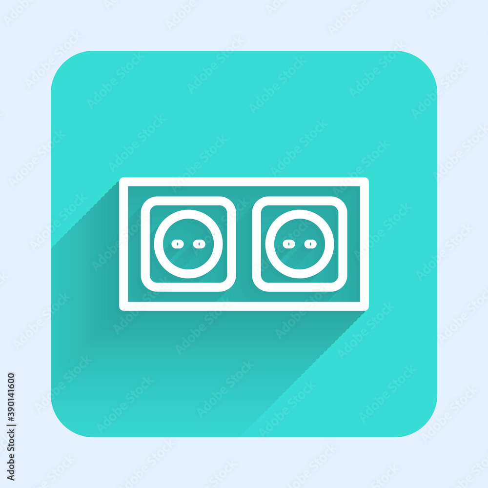 White line Electrical outlet icon isolated with long shadow. Power socket. Rosette symbol. Green square button. Vector. White line Electrical outlet icon isolated with long shadow. Power socket. Rosette symbol. Green square button. Vector.