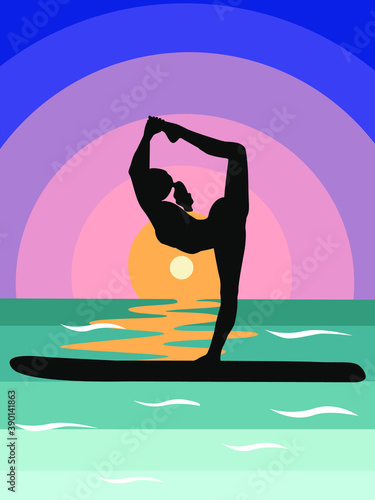 silhouette A woman does stand-up rowing sup yoga on a paddle Board on the water by the sea. Stand Up Paddle Yoga Workout