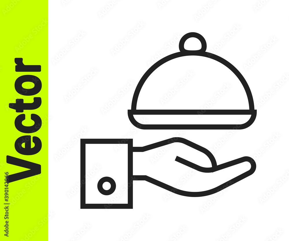Obraz premium Black line Covered with a tray of food icon isolated on white background. Tray and lid sign. Restaurant cloche with lid. Vector.
