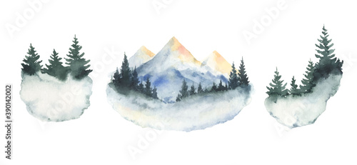 Watercolor vector set of forest winter landscapes.