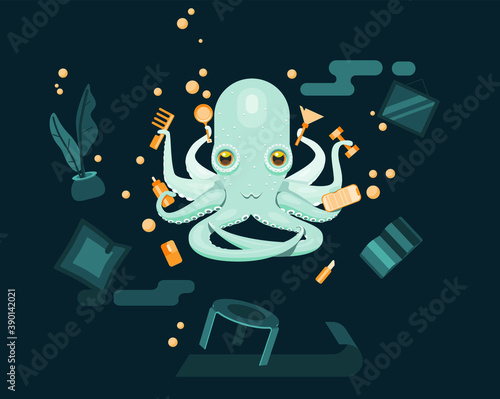 illustration of a multitask octopus in the water house