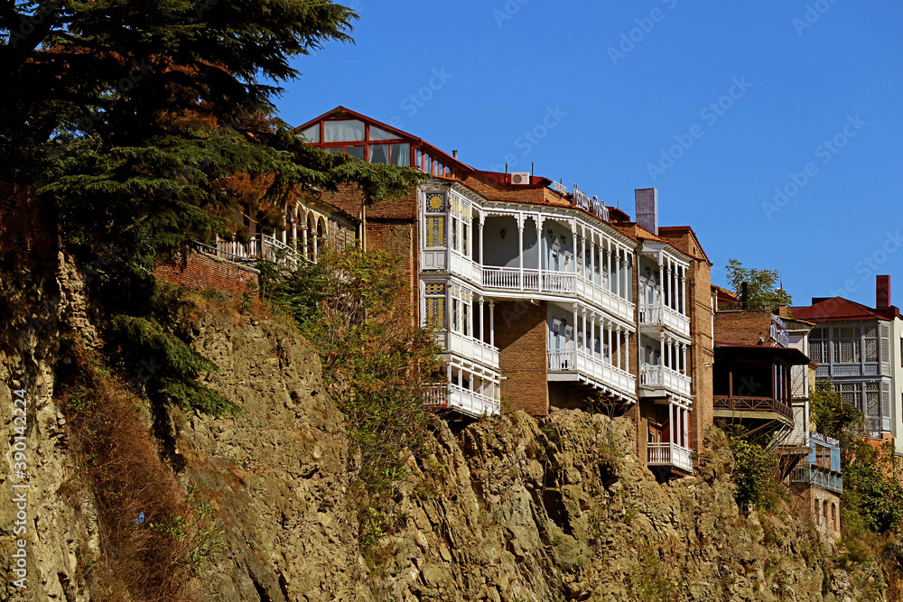 Gorgeous Traditional Vintage Buildings on the Cliff Overlooking the Mtkvari River in Tbilisi, Georgia	