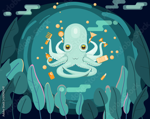 illustration of a multitask octopus in the water