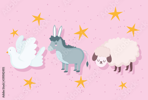 nativity, manger animals donkey lamb and dove cartoon
