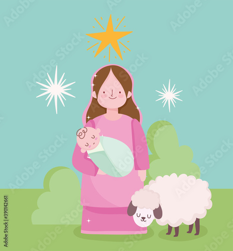 nativity, manger cute holy mary with baby in hands and lamb cartoon