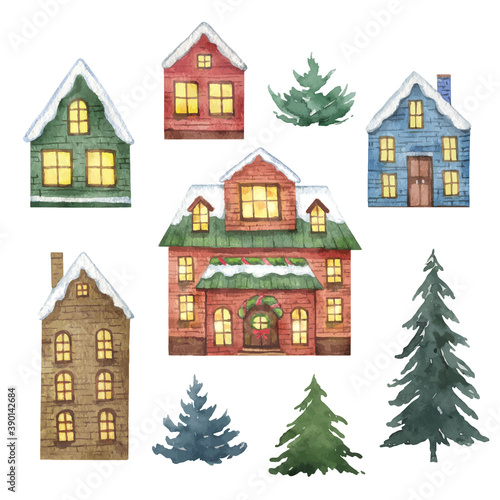 Watercolor vector set with Christmas houses and fir trees.