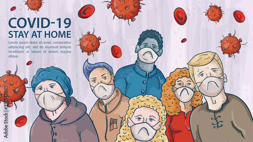many people in medical masks, among the molecules of COVIND, coronavirus and red virus, 2019-nCoV, warning Label