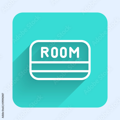 White line Hotel key card from the room icon isolated with long shadow. Access control. Touch sensor. System safety, protection. Green square button. Vector.