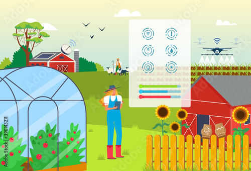 Woman at agriculture farm use smart farming digital technology app concept, vector illustration. Agricultural application at mobile tablet, internet data for farmer control field plant harvest.