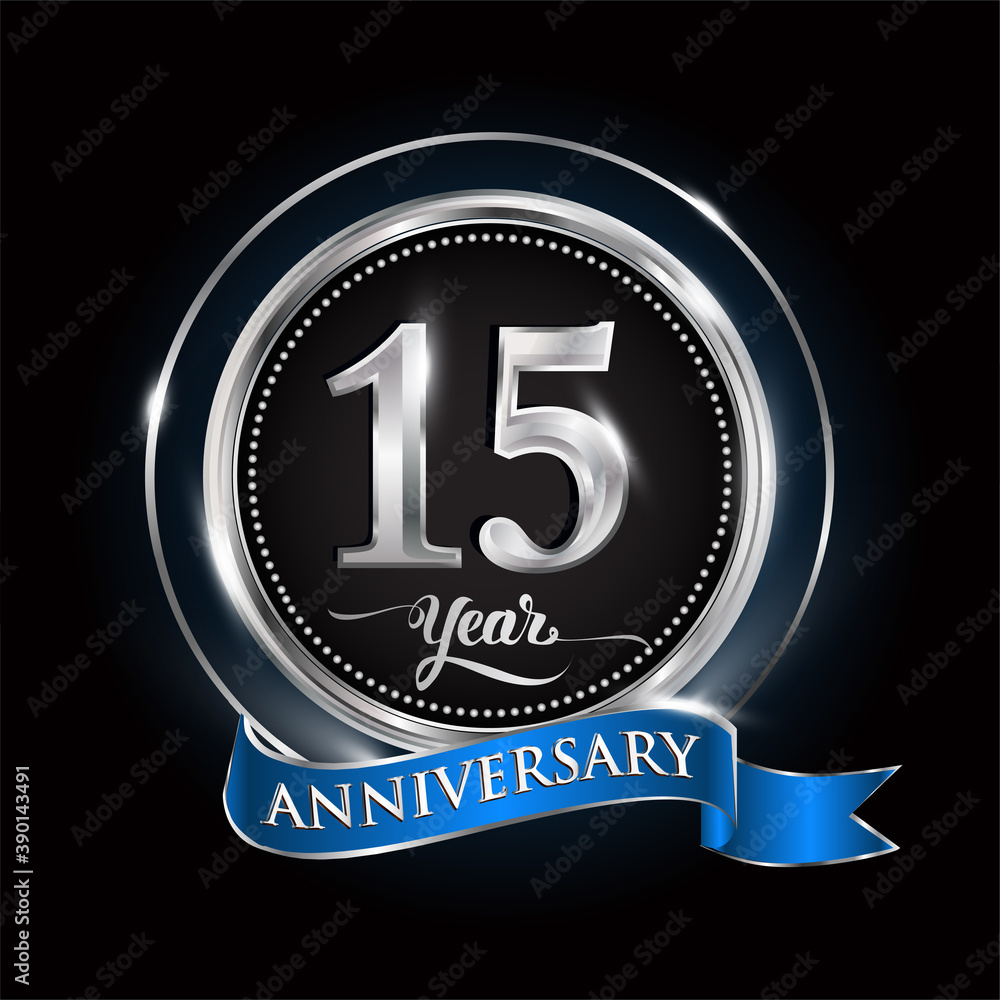 Celebrating 15th years anniversary logo. with silver ring and blue ribbon. Celebrating 15th years anniversary logo. with silver ring and blue ribbon.