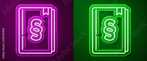 Glowing neon line Law book icon isolated on purple and green background. Legal judge book. Judgment concept. Vector.