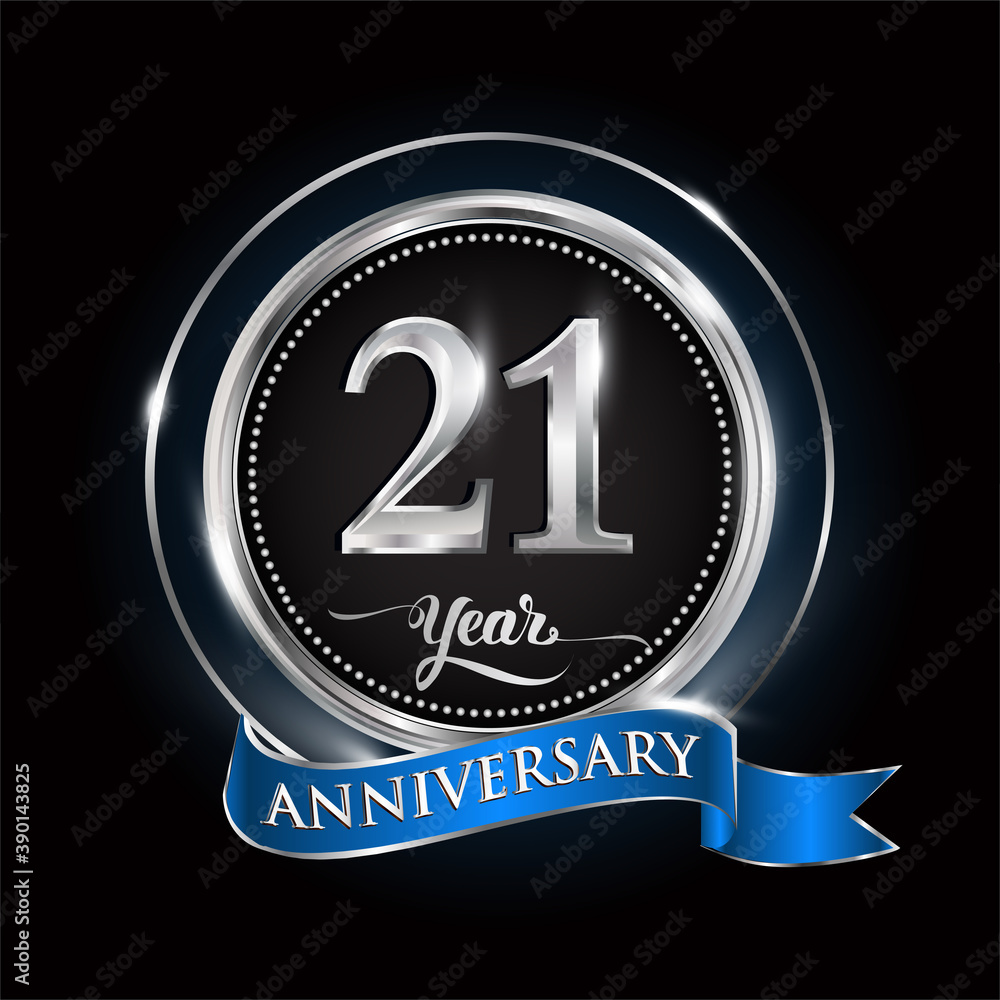 Celebrating 21st years anniversary logo. with silver ring and blue ribbon. Celebrating 21st years anniversary logo. with silver ring and blue ribbon.