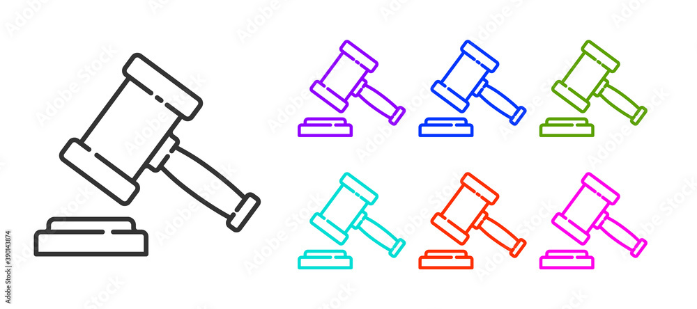 Black line Judge gavel icon isolated on white background. Gavel for adjudication of sentences and bills, court, justice. Auction hammer. Set icons colorful. Vector. Black line Judge gavel icon isolated on white background. Gavel for adjudication of sentences and bills, court, justice. Auction hammer. Set icons colorful. Vector.