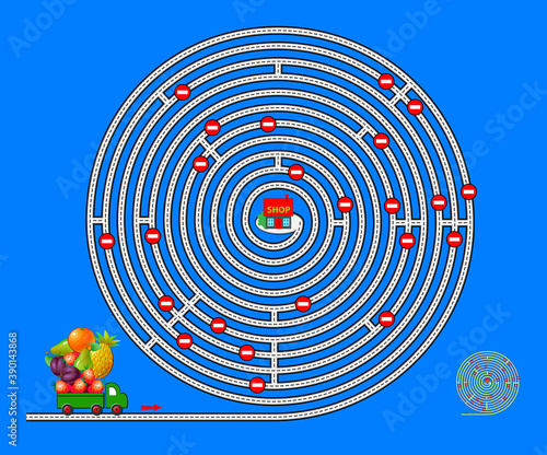 Logic puzzle game with labyrinth for children and adults. Help the lorry deliver fruits to the shop. Find the way. Worksheet for kids brain teaser book. IQ test. Play online. Vector illustration.