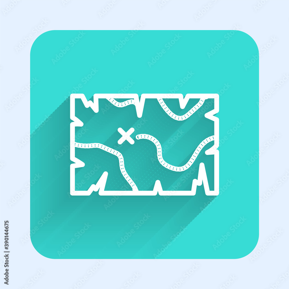 White line Pirate treasure map icon isolated with long shadow. Green square button. Vector. White line Pirate treasure map icon isolated with long shadow. Green square button. Vector.