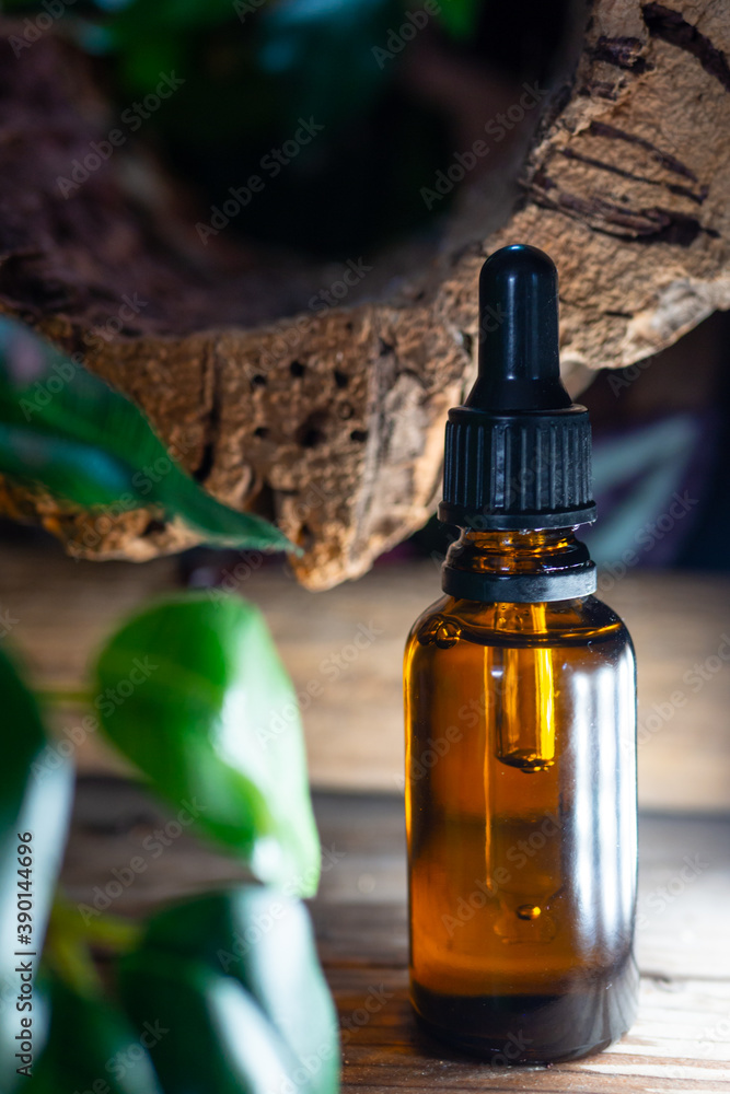 Essential oil in glass bottle on nature background Essential oil in glass bottle on nature background