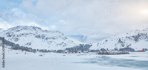 Winter scene with traditional Norwegian red wooden houses on the shore of Rolvsfjord in Valberg on Vestvagoy island at Lofotens © pilat666