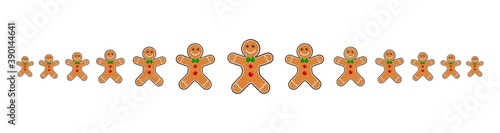 Christmas divider with gingerbread man. Xmas border line, cartoon headline with smiling cookies. Page footer with christmas ornament. Eps 10 design isolated on white background.