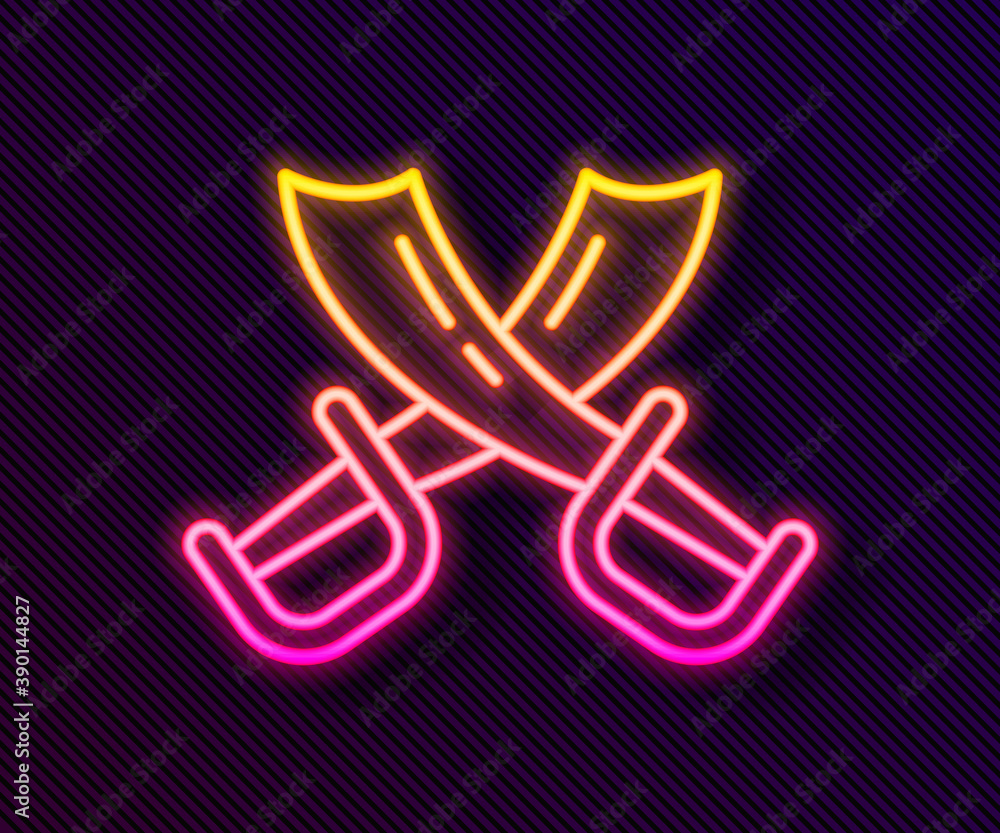 Fototapeta premium Glowing neon line Crossed pirate swords icon isolated on black background. Sabre sign. Vector.